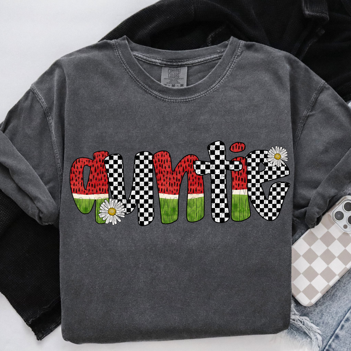 Auntie Watermelon Checkered Font (City) DTF transfer