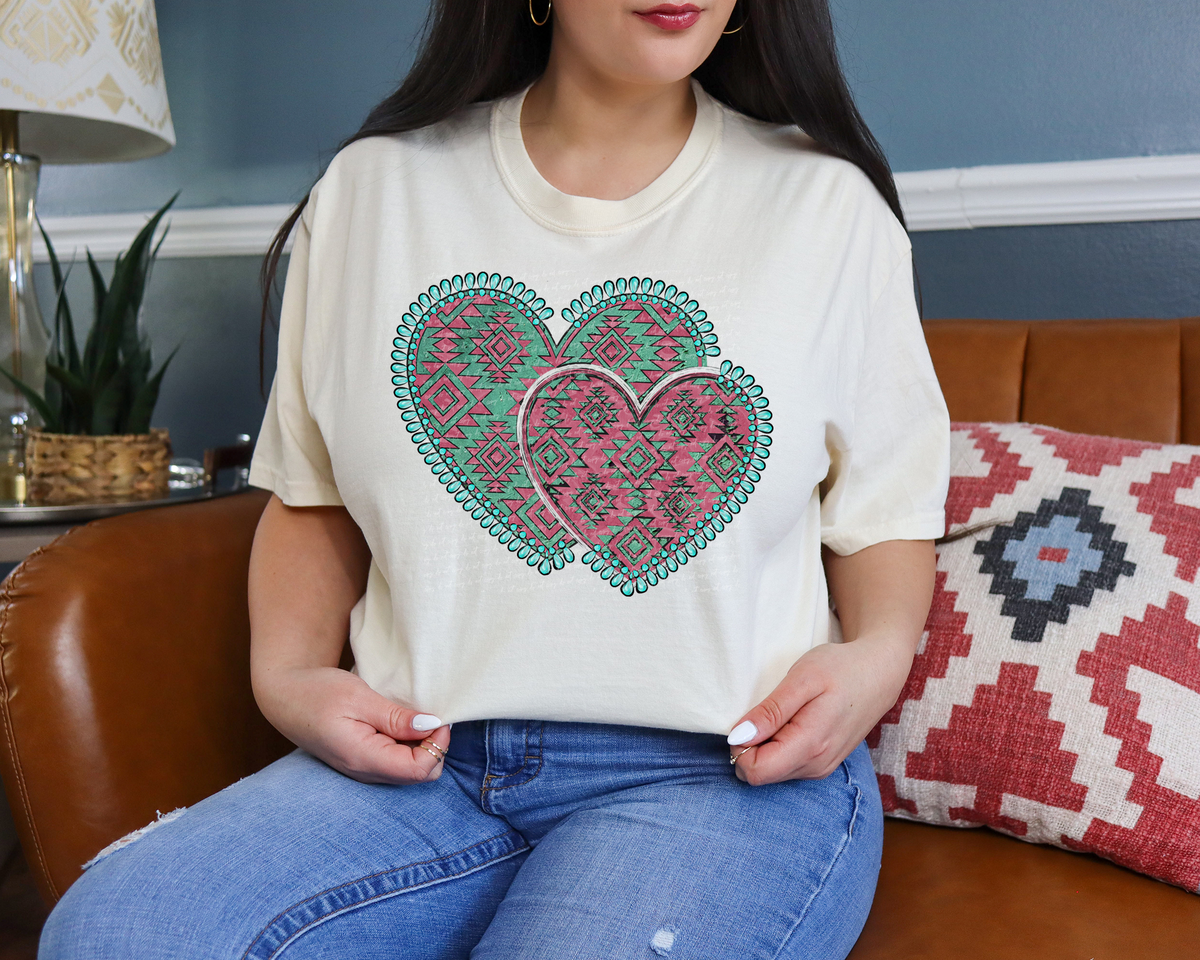 Aztec hearts Teal Pink 81445 DTF Transfer