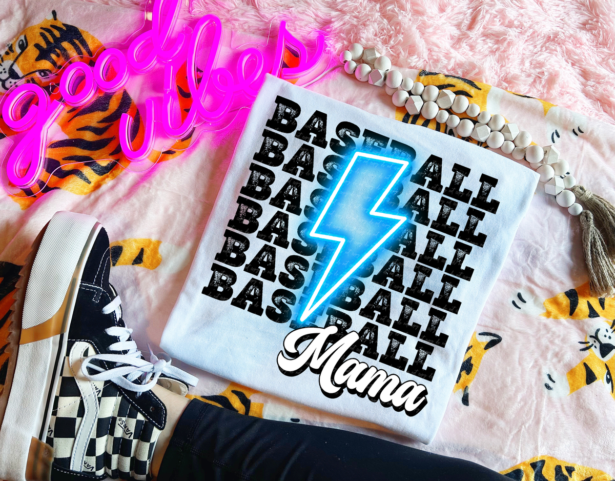Baseball Mama Stacked Distressed Light Blue Lightning Bolt 114778 DTF transfer