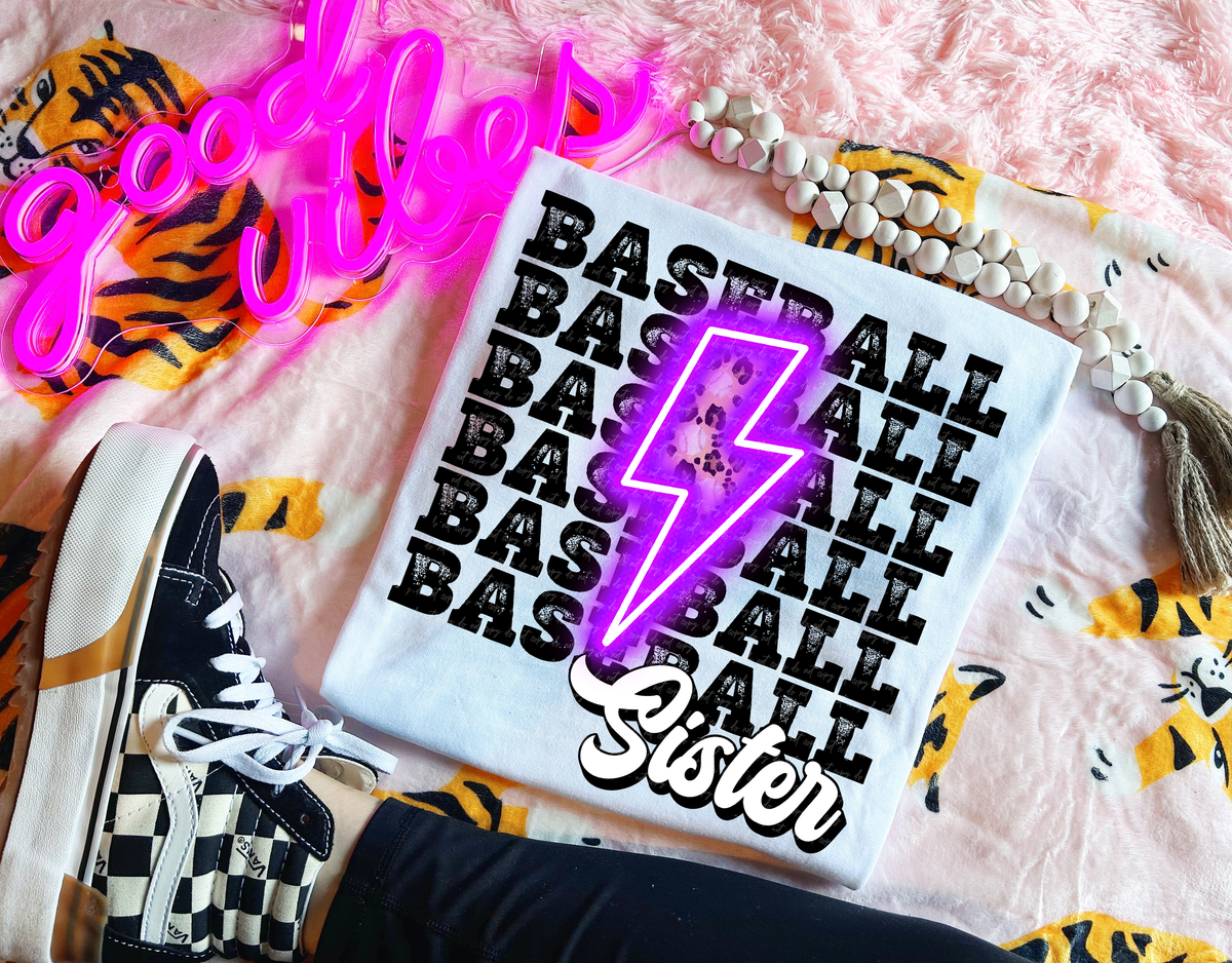 Baseball Sister Stacked Distressed Purple Lightning Bolt 114779 DTF transfer