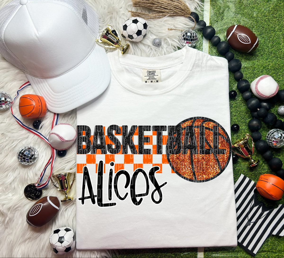 Basketball Alices Checkered Background Faux Glitter 66836 DTF transfer
