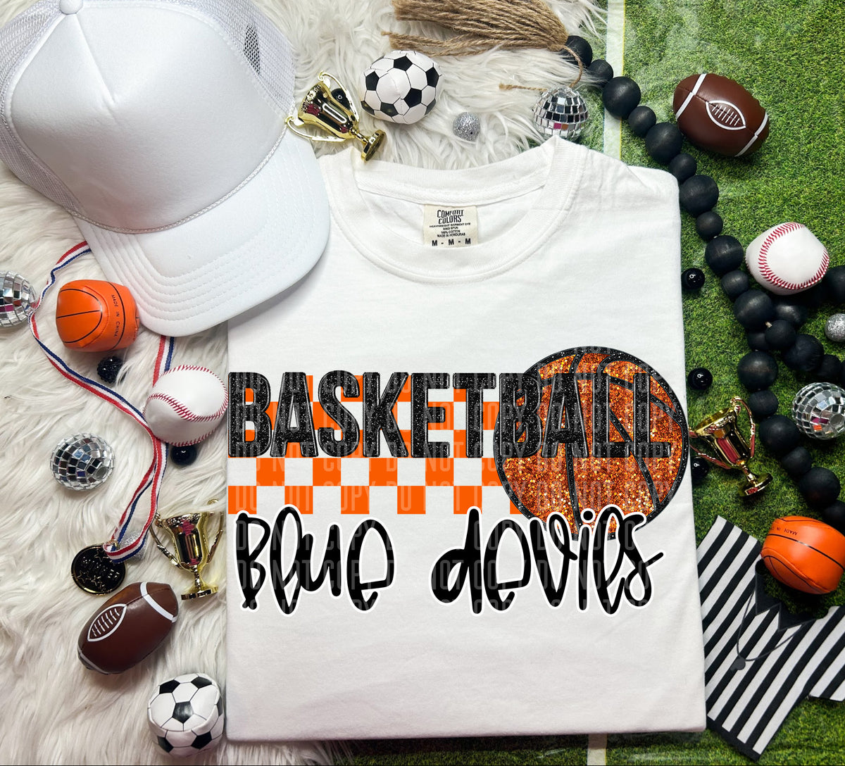 Basketball Blue Devils Checkered Background Faux Glitter 66840 DTF transfer