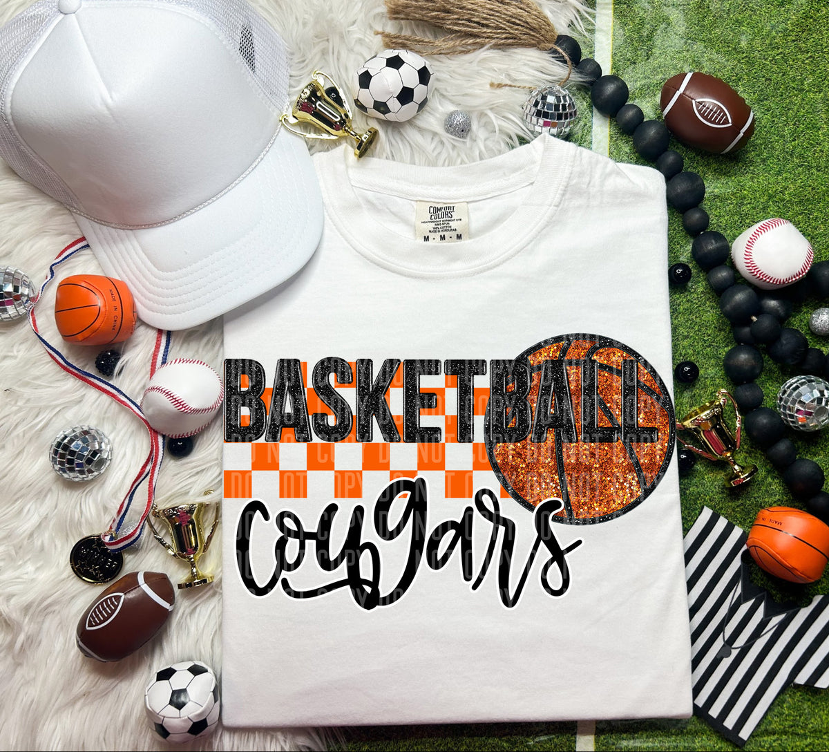 Basketball Cougars Checkered Background Faux Glitter 66858 DTF transfer