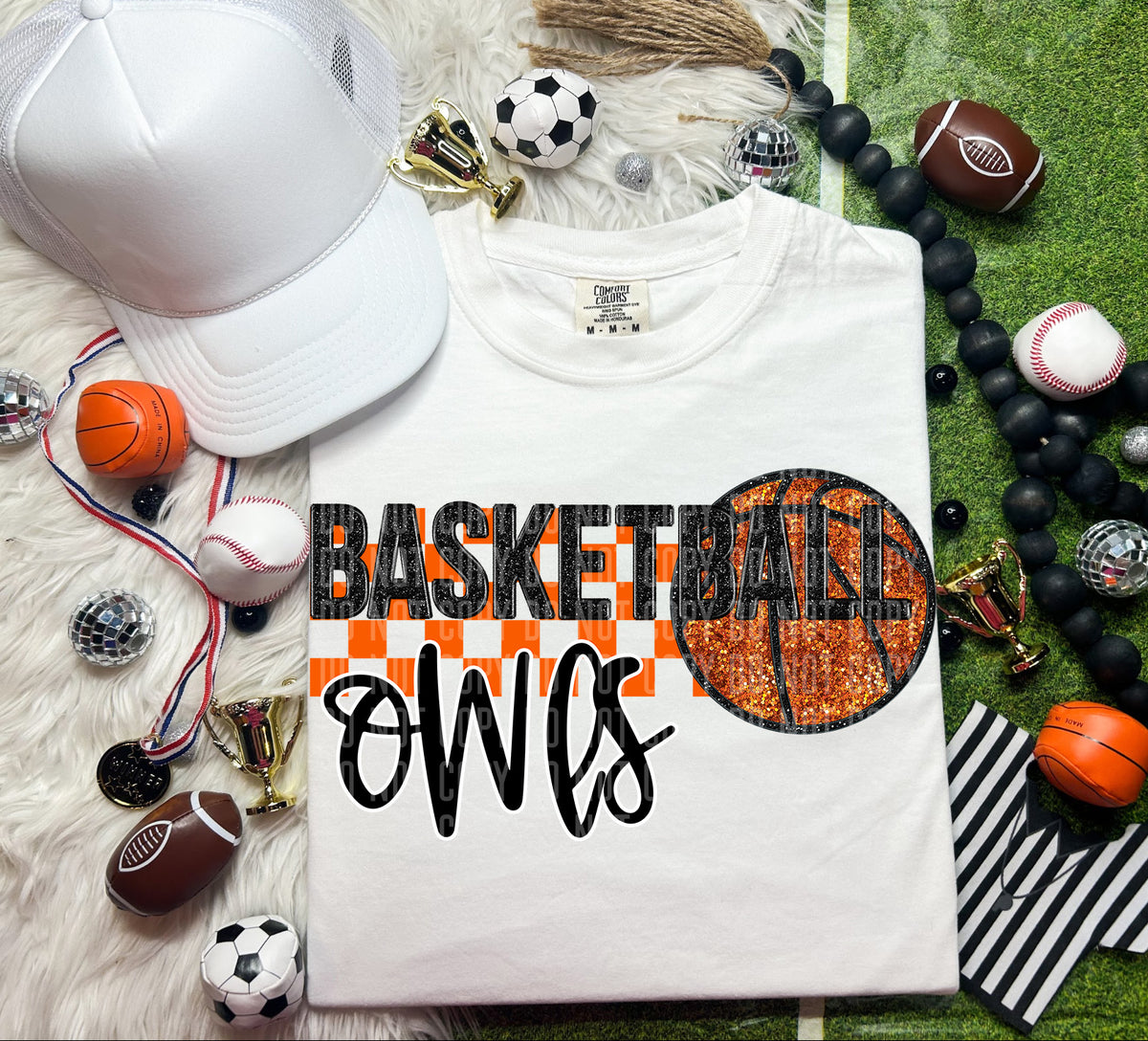 Basketball Owls Checkered Background Faux Glitter 66897 DTF transfer