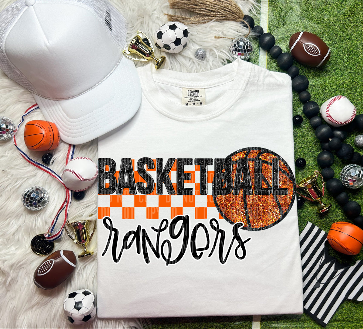 Basketball Rangers Checkered Background Faux Glitter 66909 DTF transfer