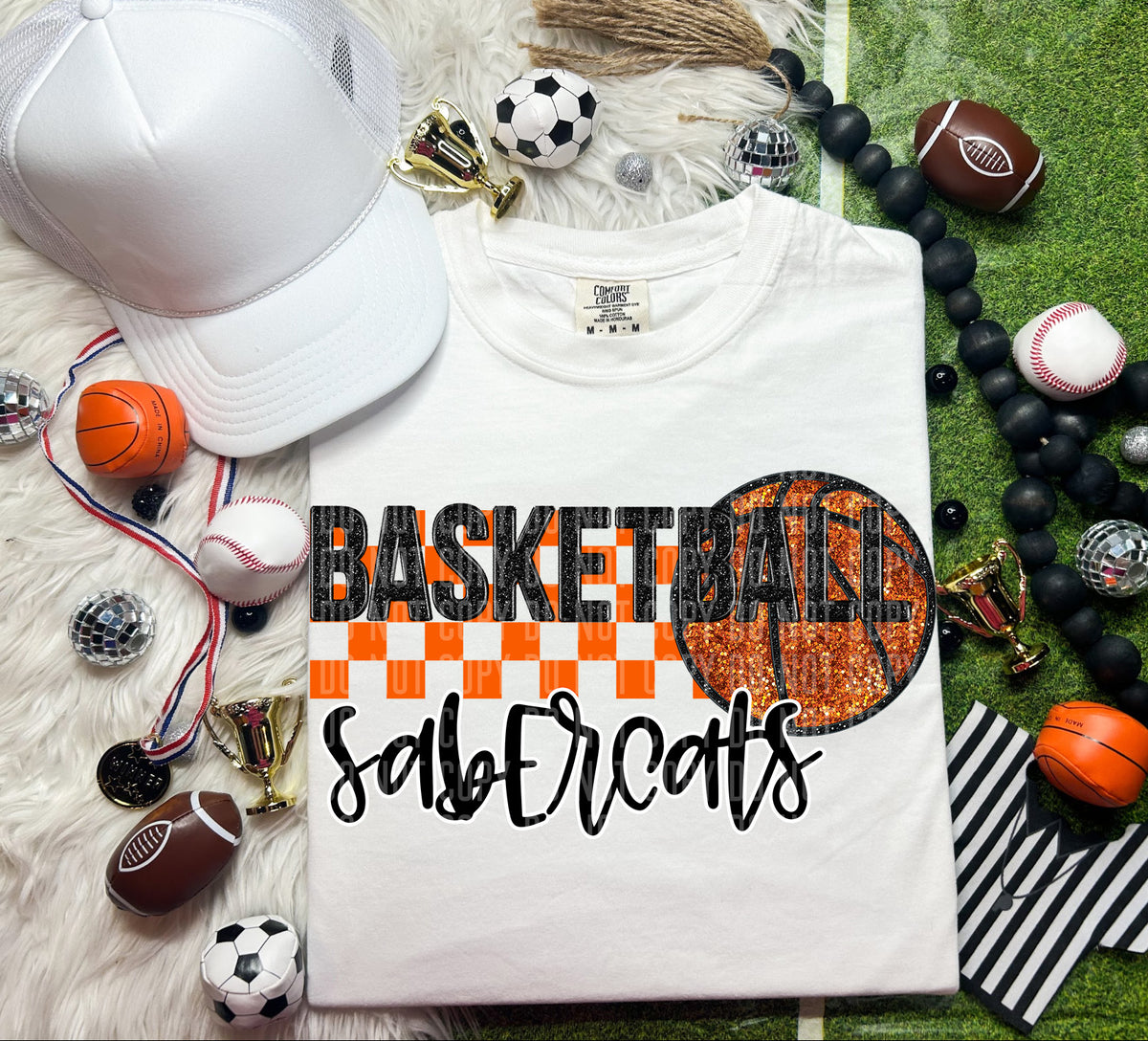 Basketball Saber Cats Checkered Background Faux Glitter 66914 DTF transfer