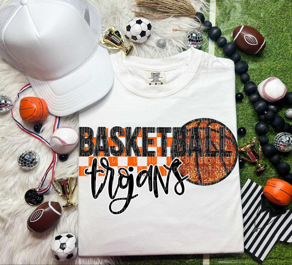 Basketball Trojans Checkered Background Faux Glitter 66921 DTF transfer