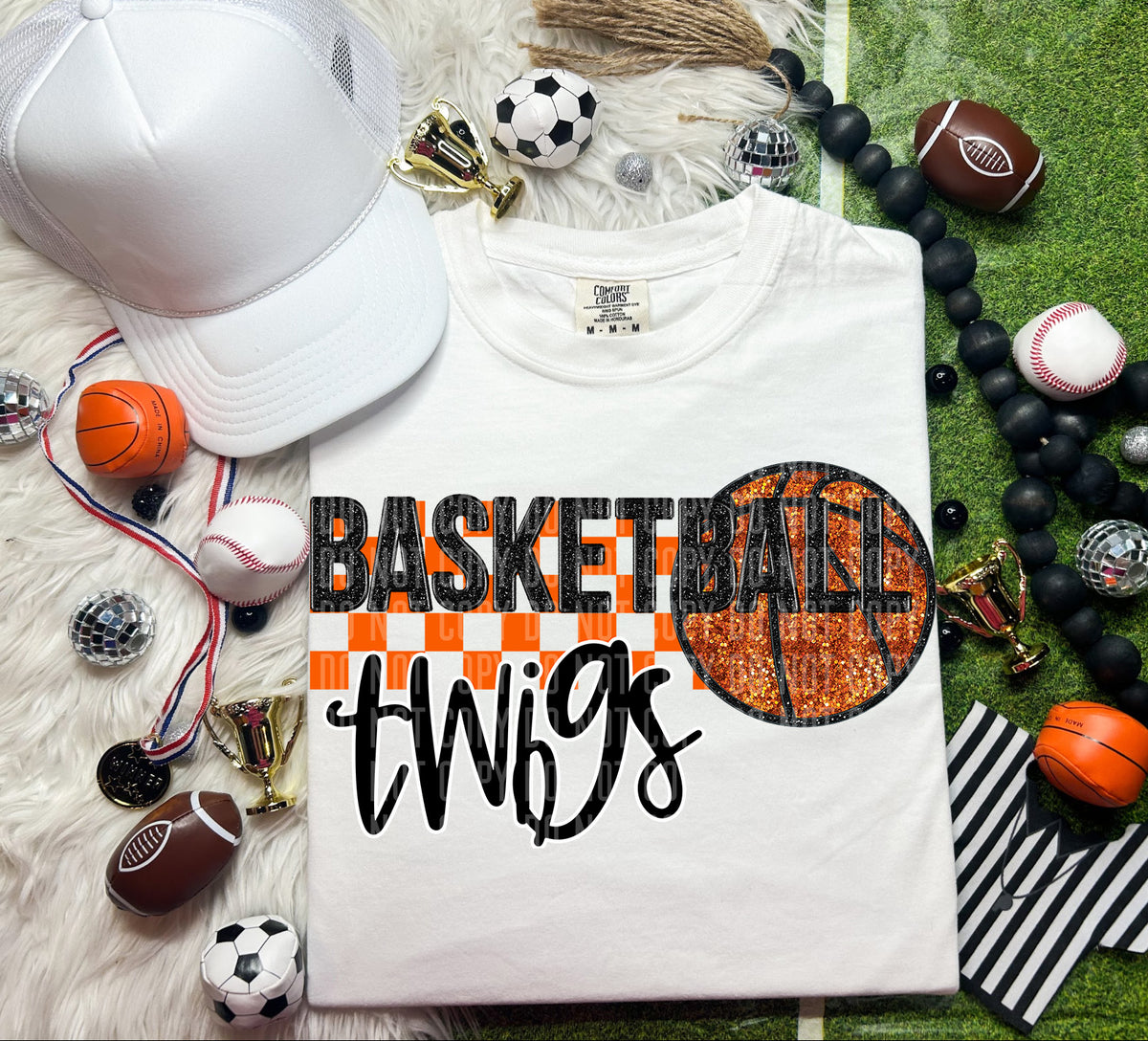 Basketball Twigs Checkered Background Faux Glitter 66922 DTF transfer