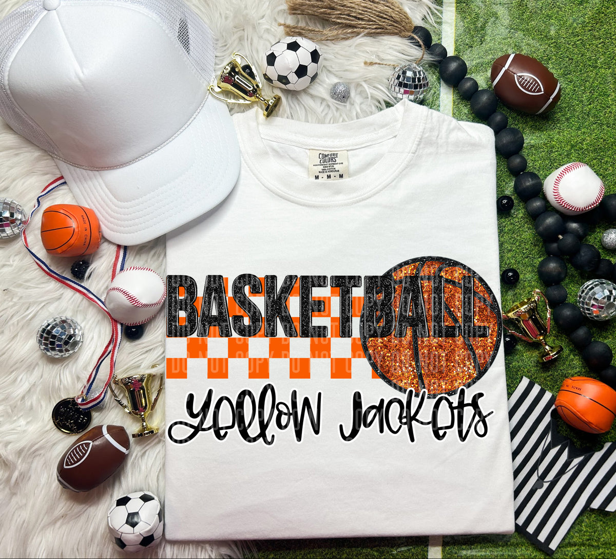 Basketball Yellow Jackets Checkered Background Faux Glitter 66930 DTF transfer