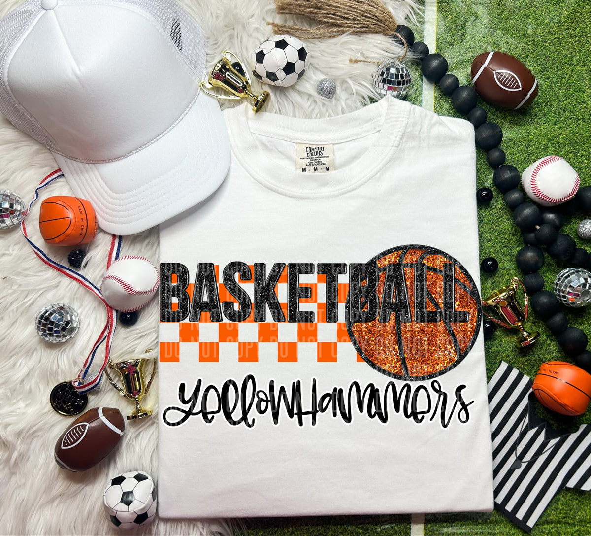 Basketball Yellow Hammers Checkered Background Faux Glitter 66931 DTF transfer