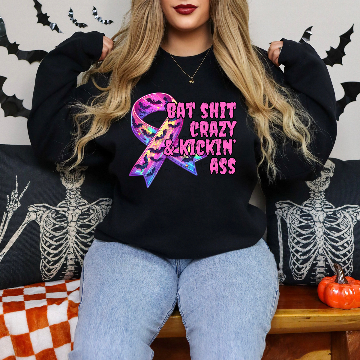 Bat Shit Crazy & Kickin' Ass Pink (Bat Ribbon) 42311 DTF transfer