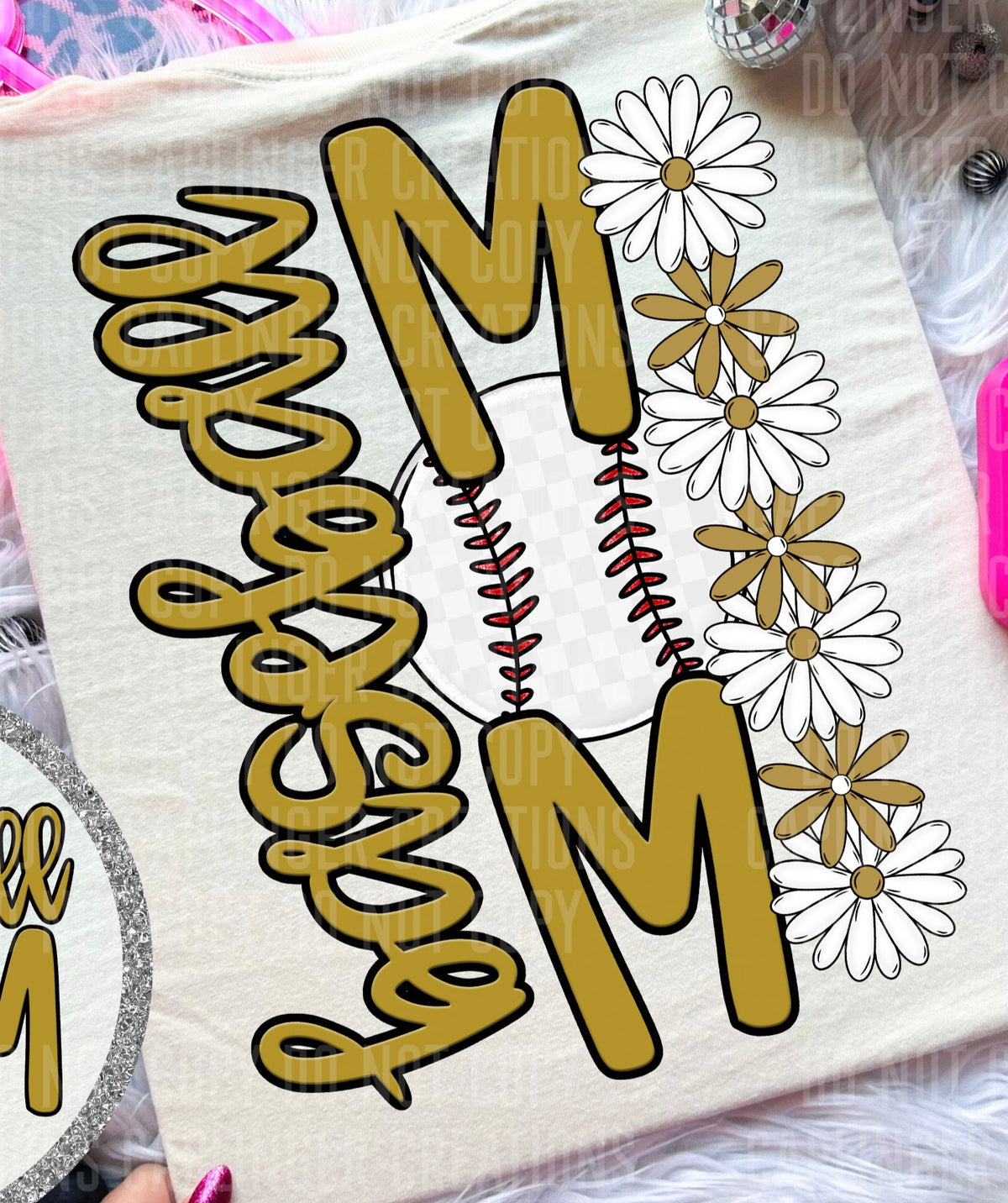 Baseball Mom Gold Floral BACK PRINT (Caplinger) DTF transfer