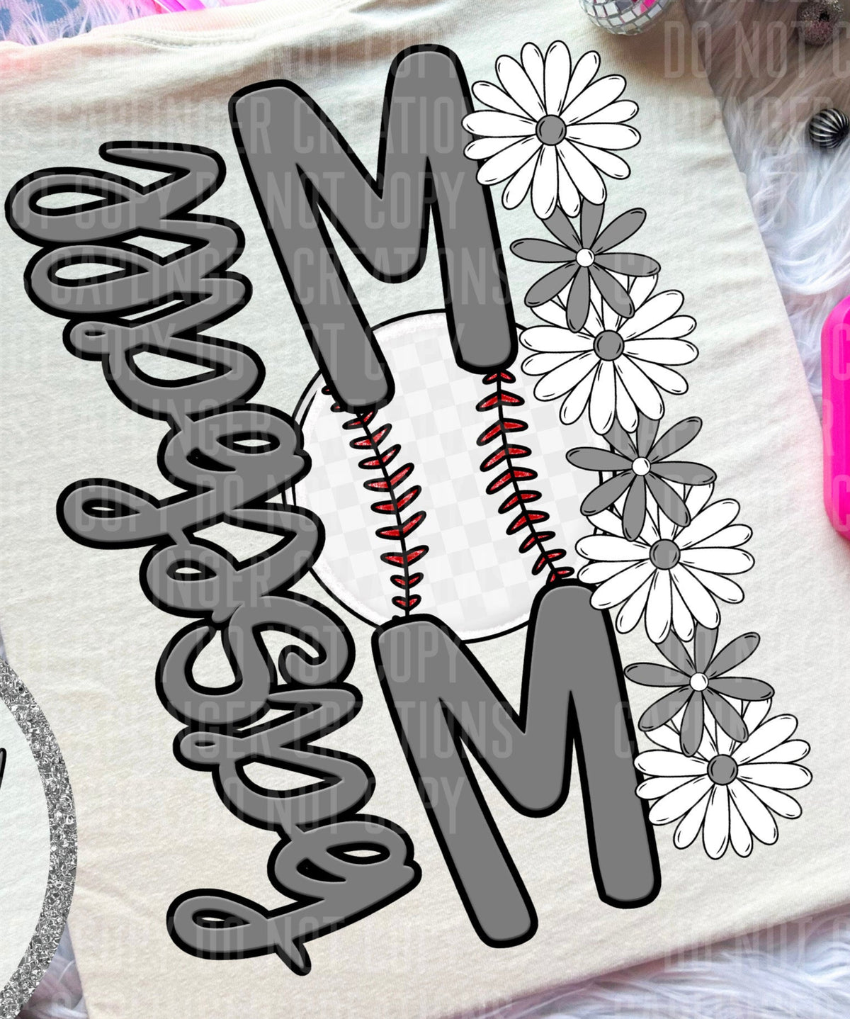 Baseball Mom Grey Floral BACK PRINT (Caplinger) DTF transfer