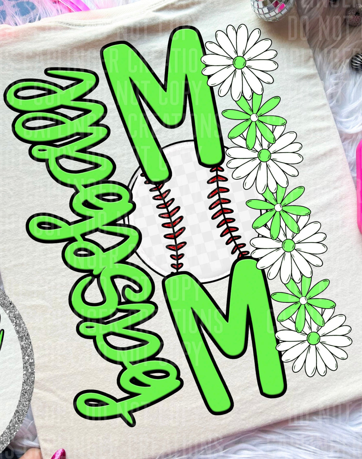 Baseball Mom Lime Green Floral BACK PRINT (Caplinger) DTF transfer