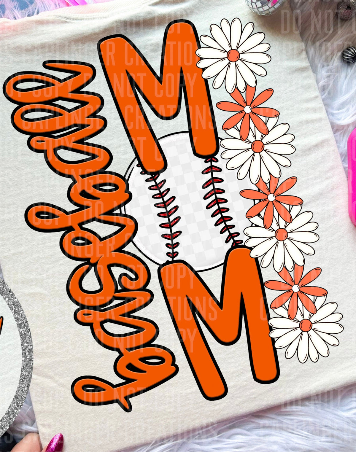 Baseball Mom Orange Floral BACK PRINT (Caplinger) DTF transfer