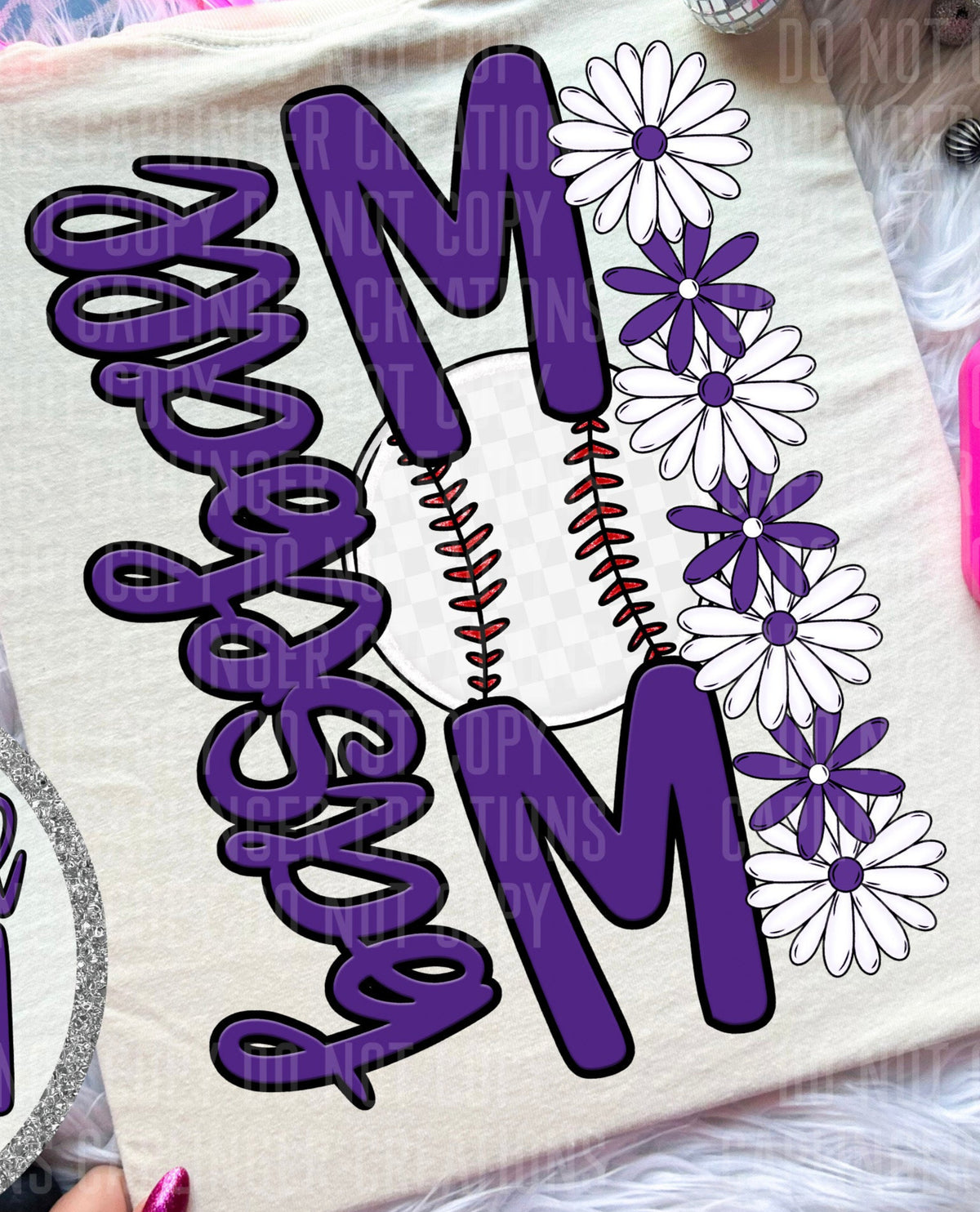 Baseball Mom Purple Floral BACK PRINT (Caplinger) DTF transfer