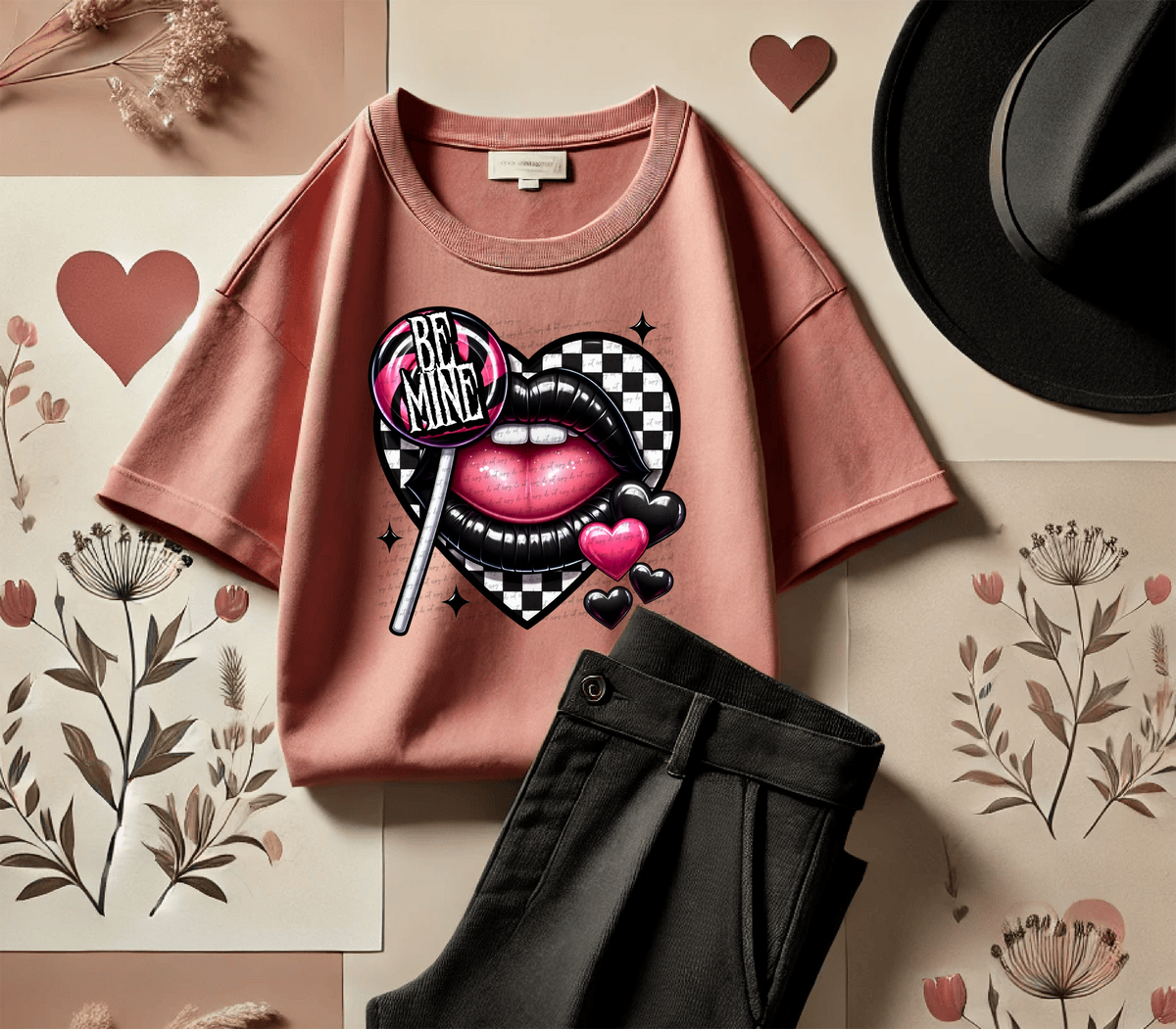 Be Mine Checker Heart Lip 74426 DTF Transfer