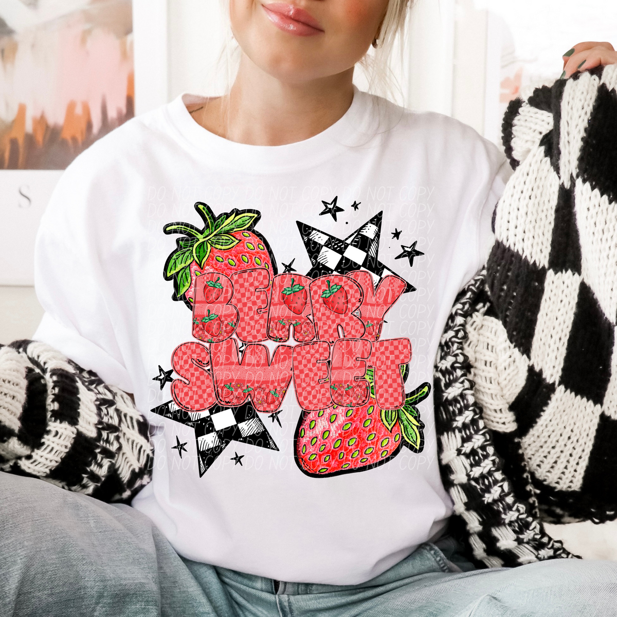 Berry Sweet Strawberry Font Checkered Stars (CITY) DTF transfer