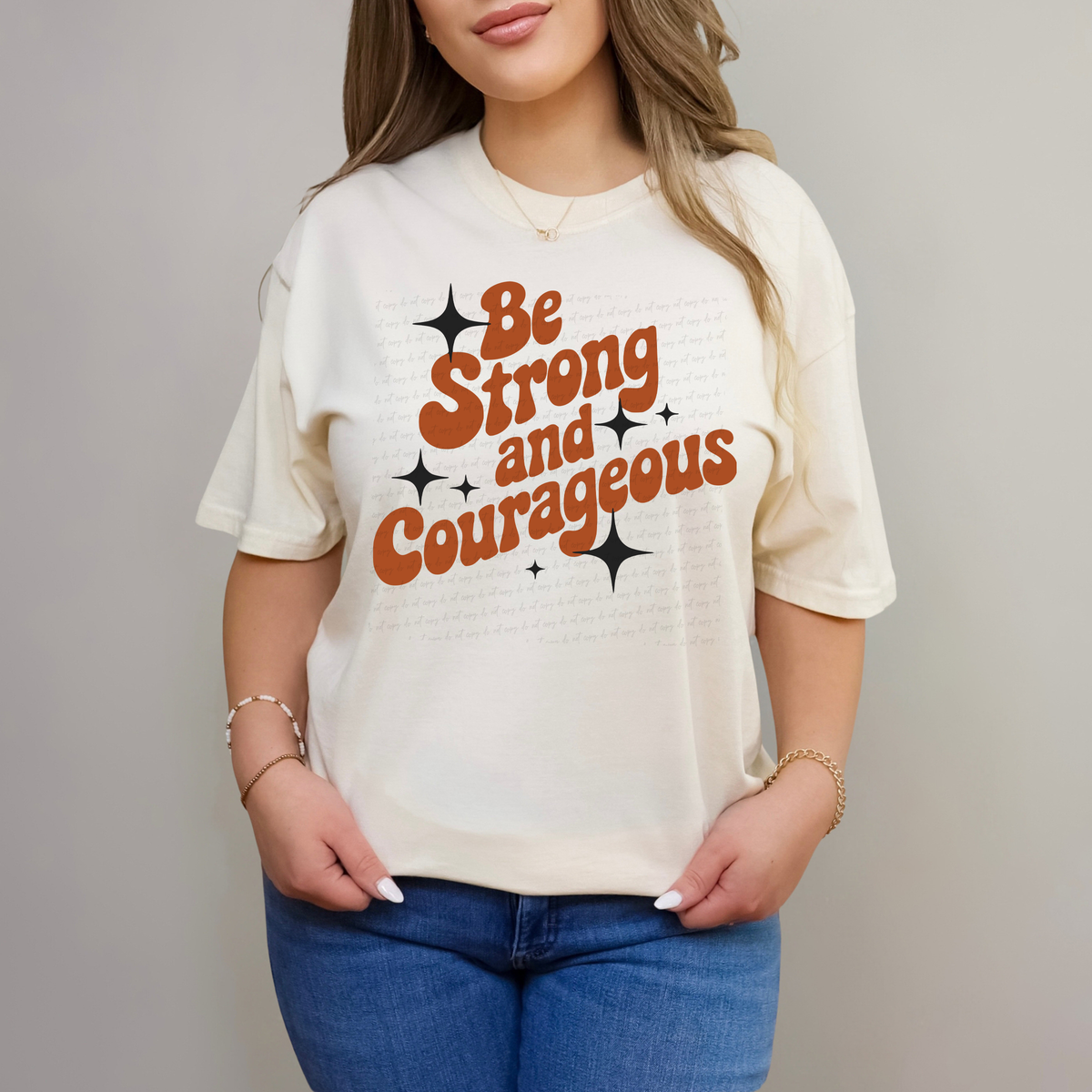 Be Strong and Courageous Orange Font Sparkle 117573 DTF transfer