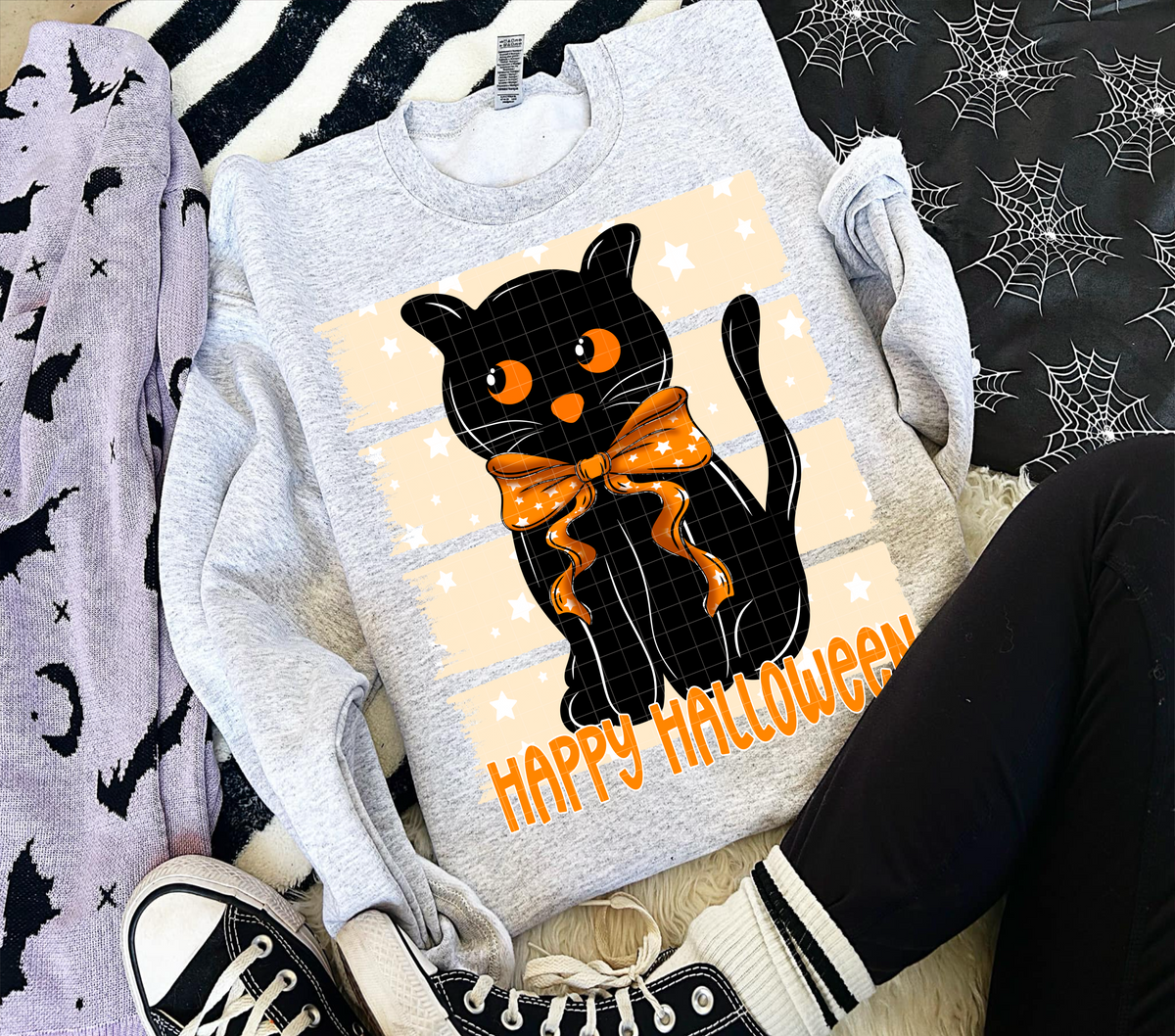 Happy Halloween black cat cream polkadot stripes (Linda) DTF Transfer