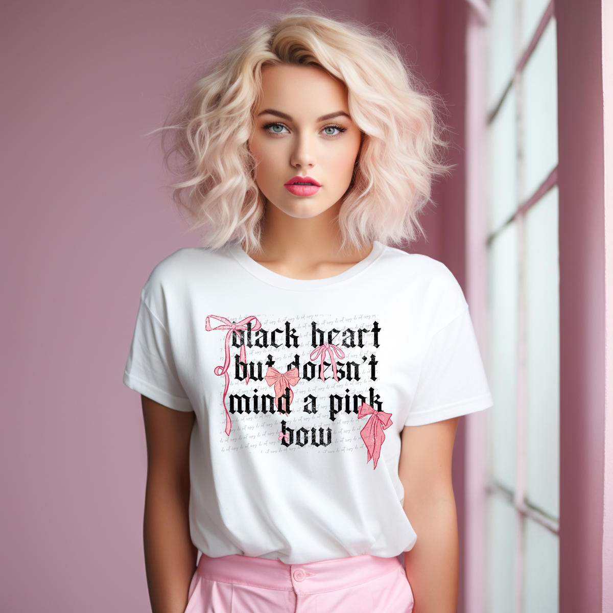 Black Heart But Doesn't Mind A Pink Bow 74565 DTF Transfer
