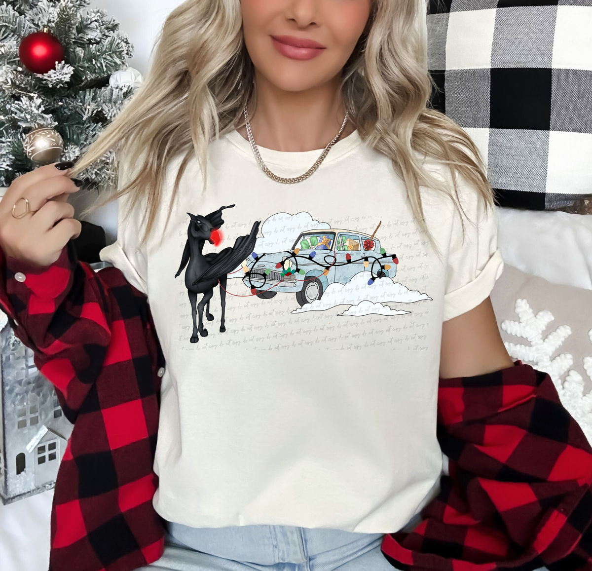 Black Horse with wings car with Christmas lights 115196 DTF Transfer