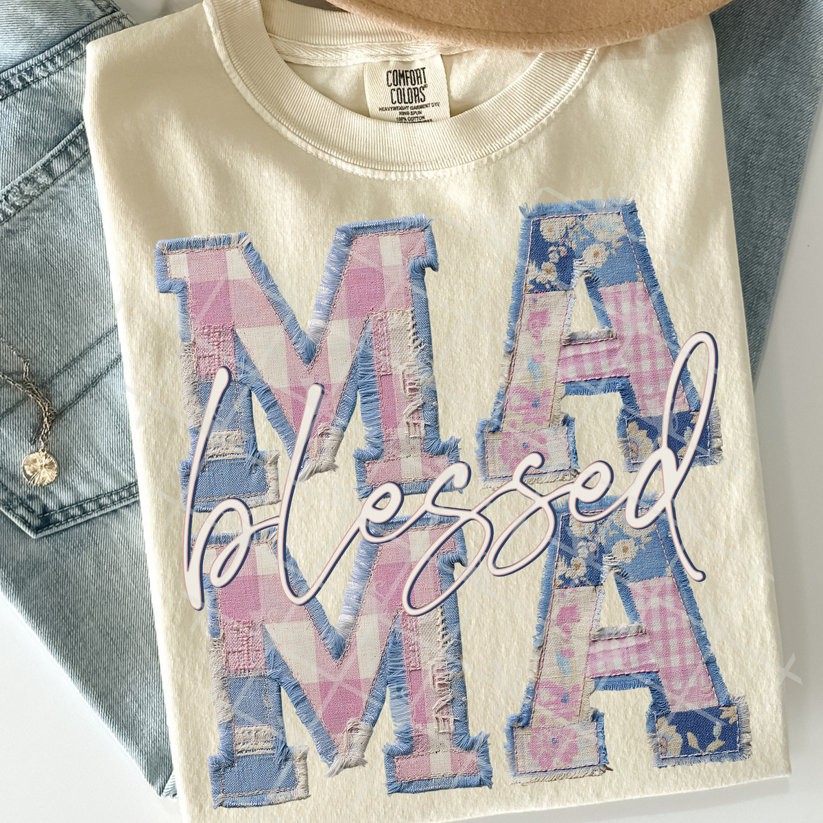 Faux pink and blue patchwork blessed mama (TTD) DTF Transfer