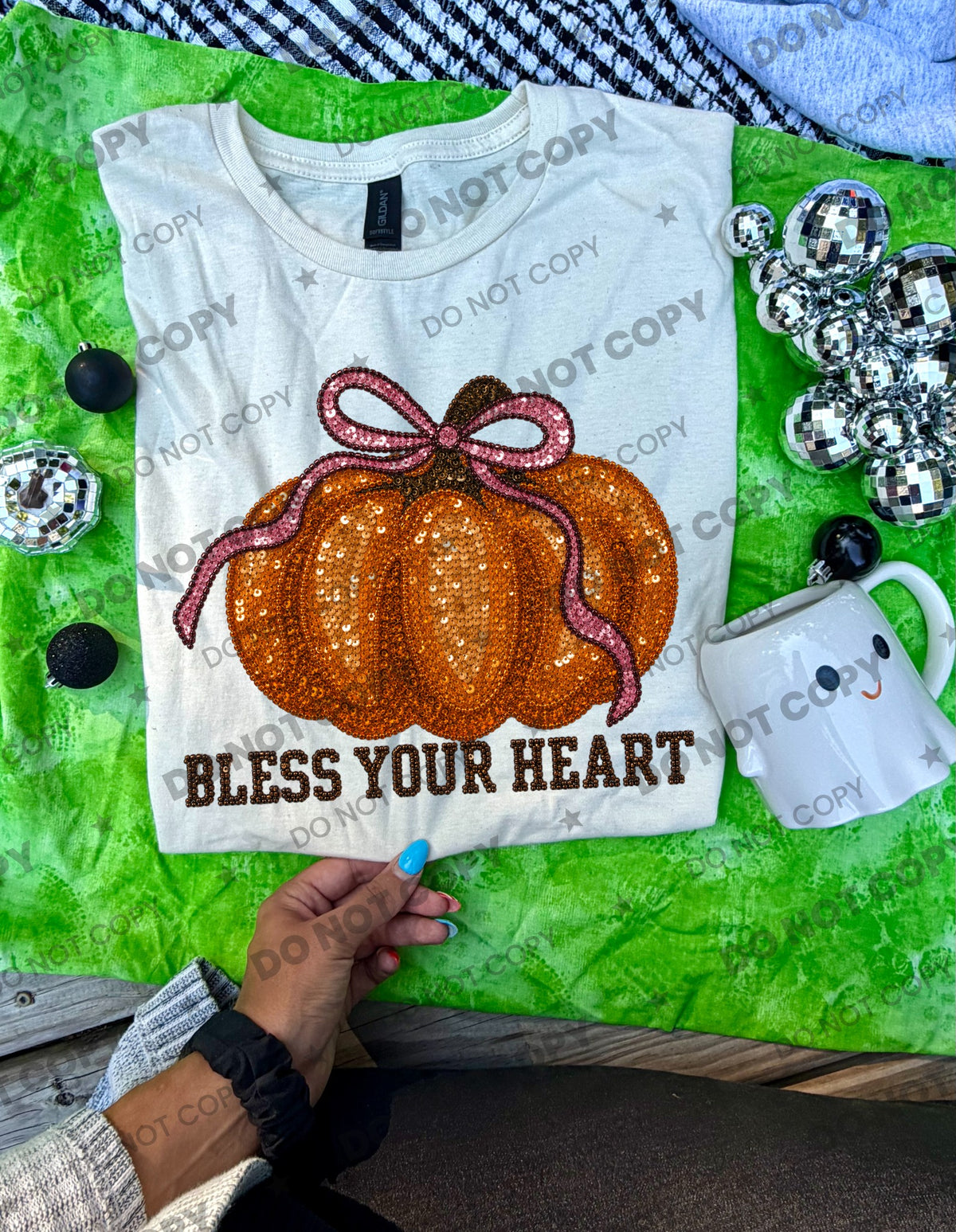 Bless your heart pumpkin with bow faux sequins (HW) DTF Transfer
