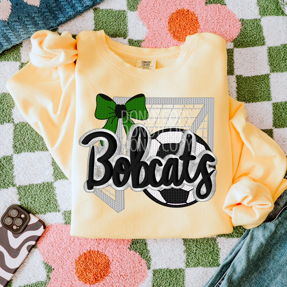bobcats soccer with soccer ball, net, and green bow (CSG) DTF transfer