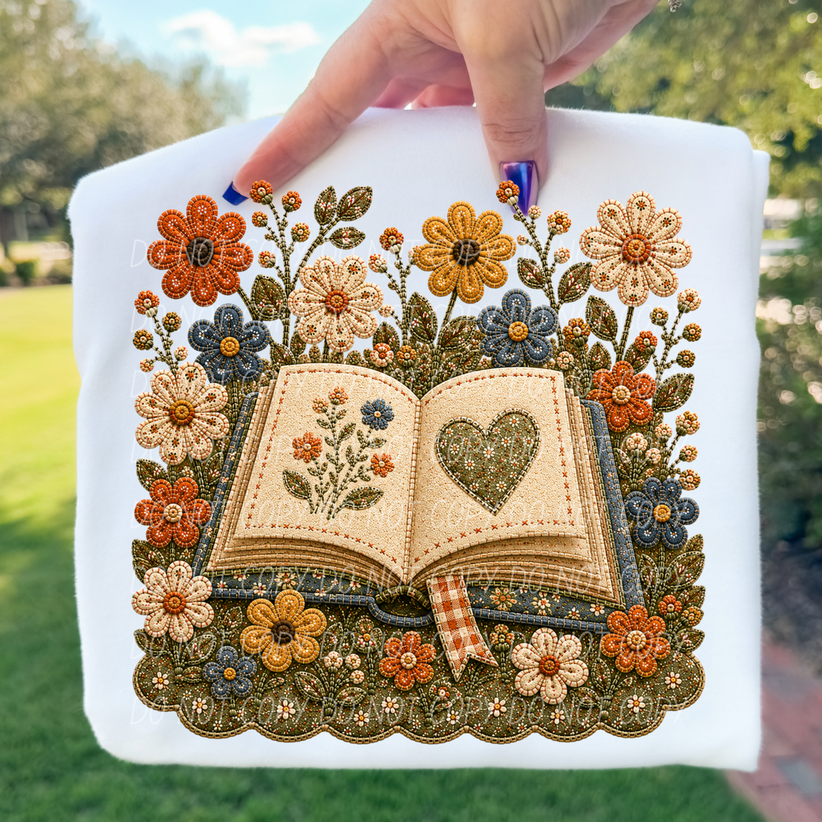 book and flowers 1 faux embroidery (City) DTF Transfer