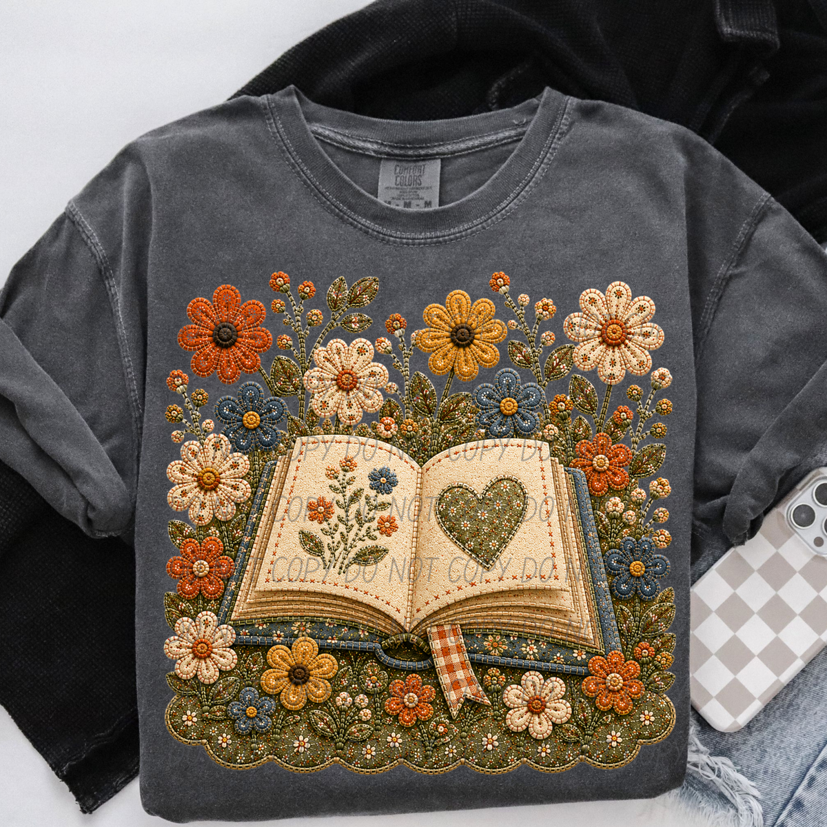 book and flowers 2 faux embroidery (City) DTF Transfer