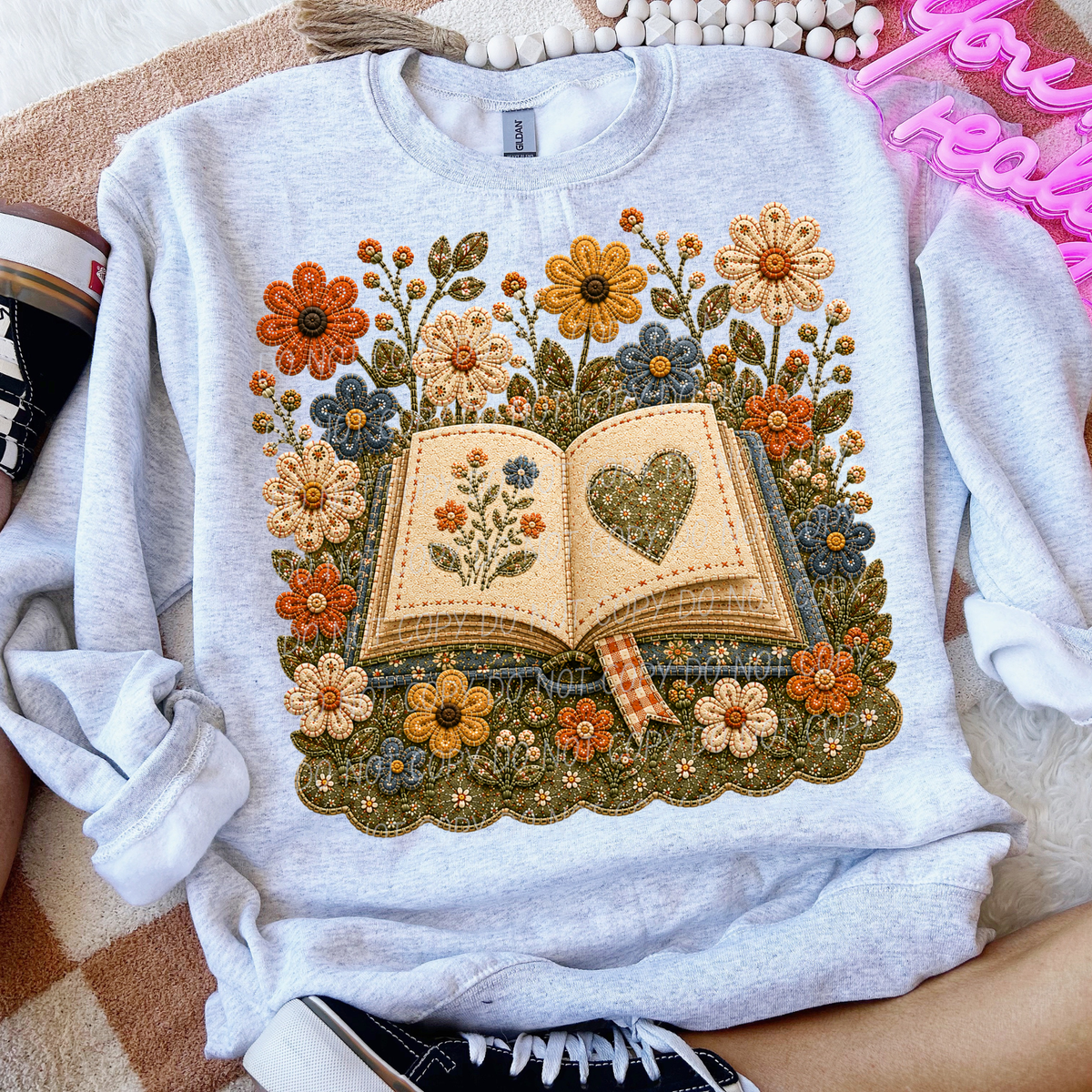book and flowers faux embroidery (City) DTF Transfer