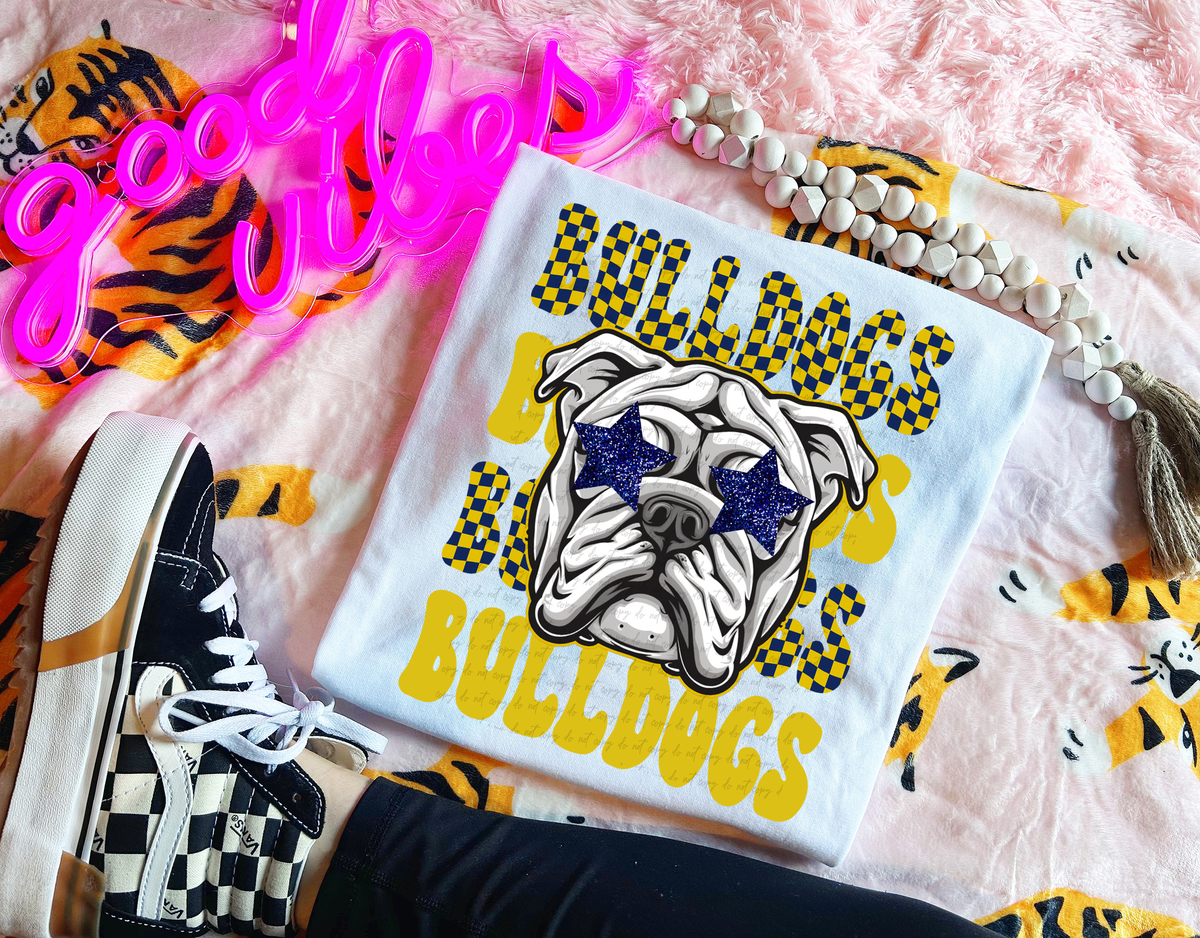 Bulldogs Stacked Checkered Blue Yellow 59231 DTF transfer