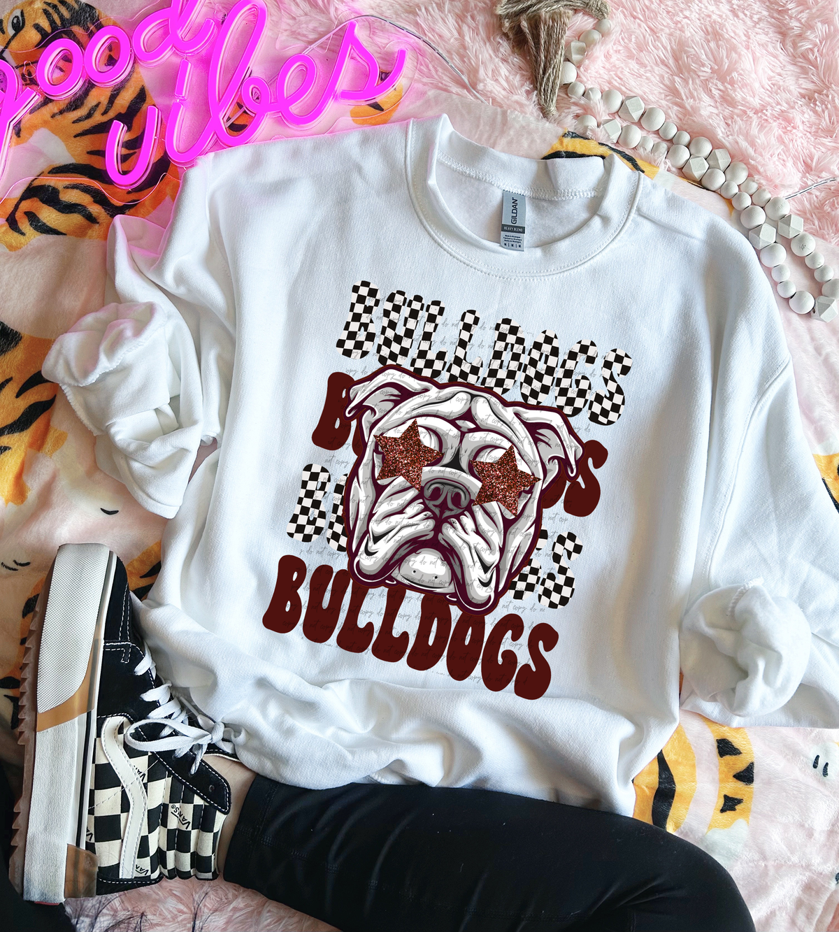 Bulldogs Stacked Crimson Checkered Black White 59230 DTF transfer