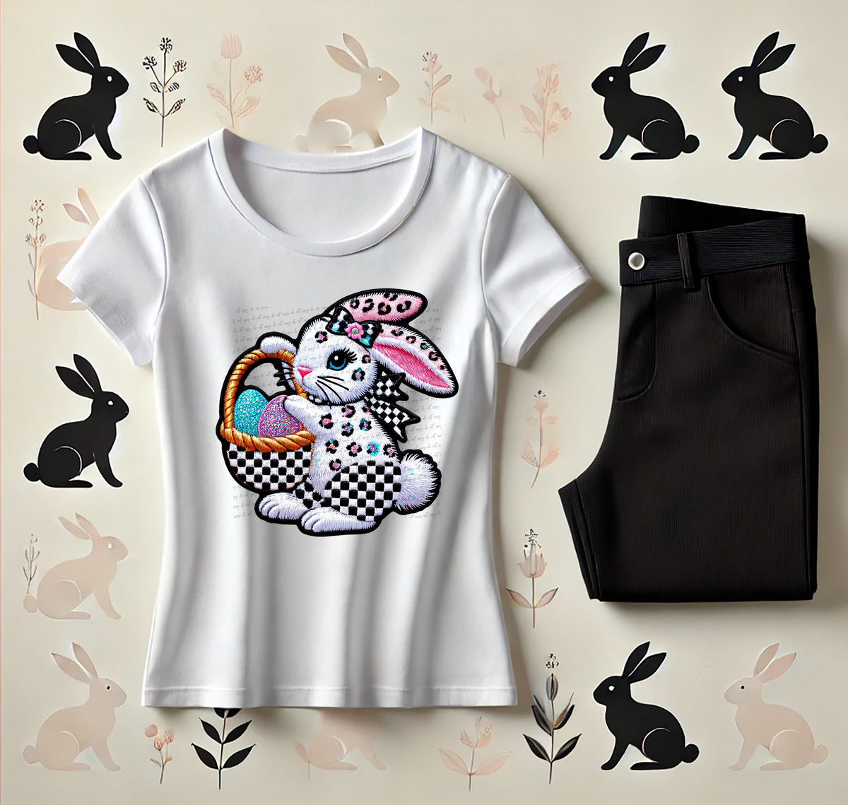 Bunny Carrying Basket Of Eggs Faux Embroidery 81969 DTF Transfer