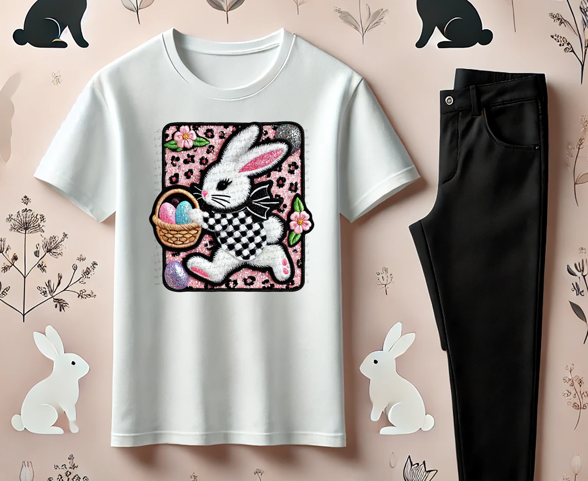 Bunny Carrying Basket Of Eggs Pink Leopard Background Faux Embroidery 81968 DTF Transfer
