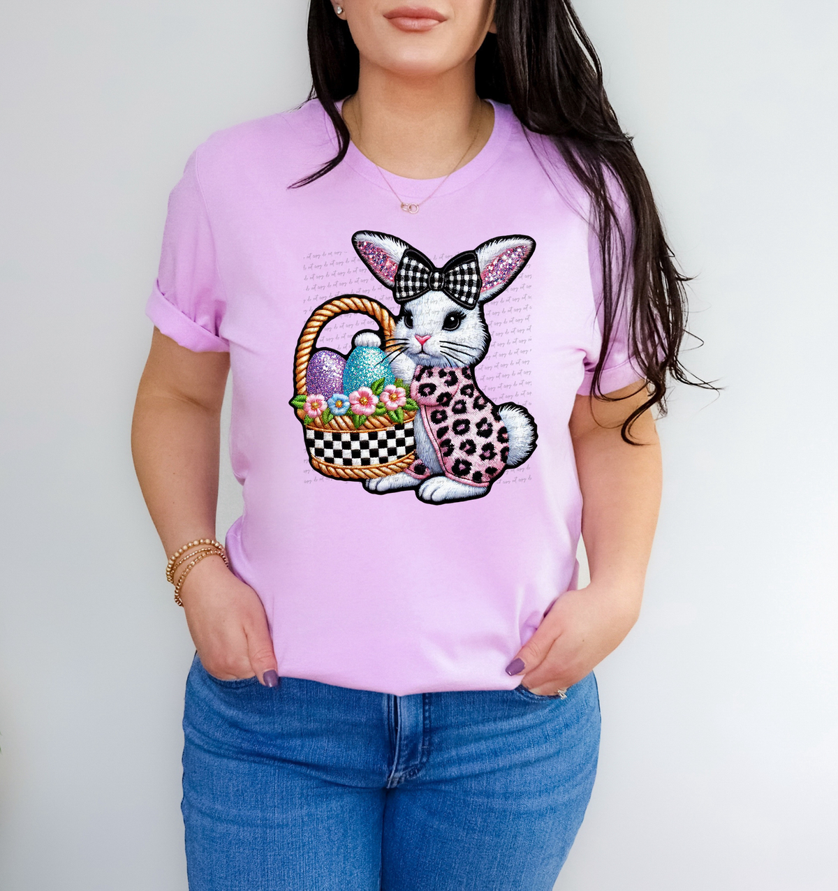 Bunny Carrying Basket Of Eggs Purple Blue Eggs Faux Embroidery 81970 DTF Transfer