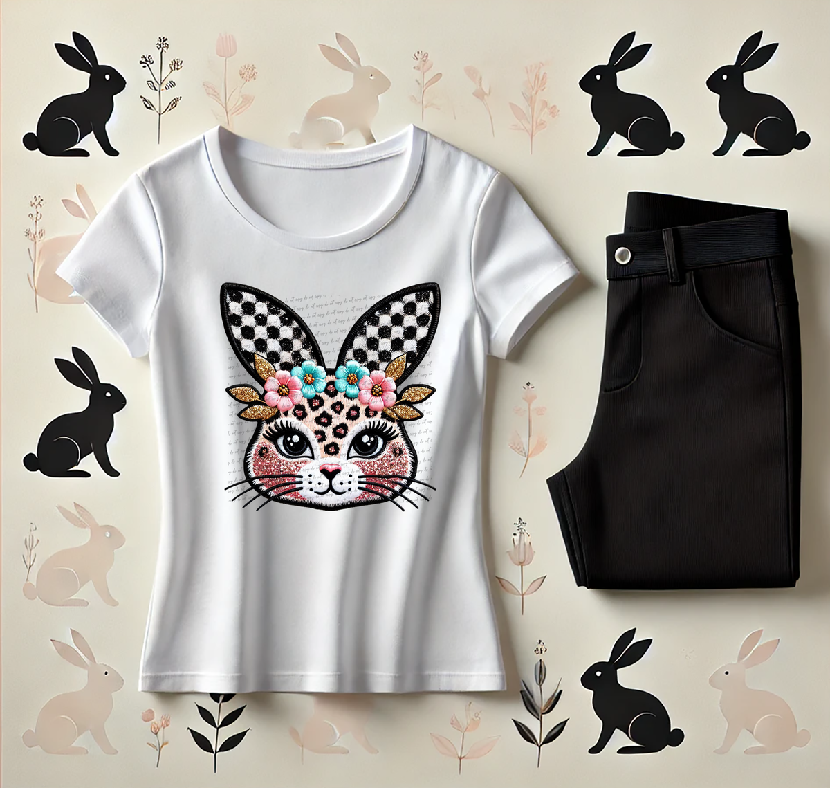 Bunny Head Floral Headband Faux Embroidery 81971 DTF Transfer