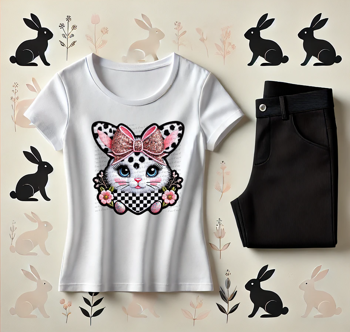 Bunny Head Pink Bow Eggs Faux Embroidery 81972 DTF Transfer