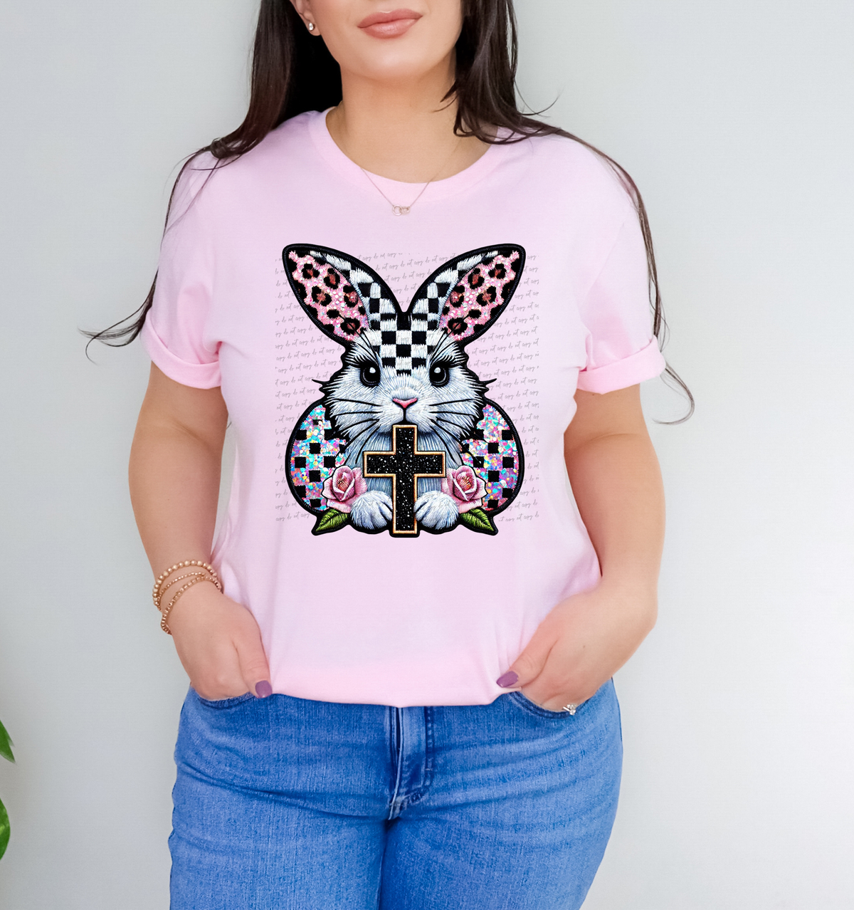 Bunny With Cross And Eggs Faux Embroidery 81973 DTF Transfer