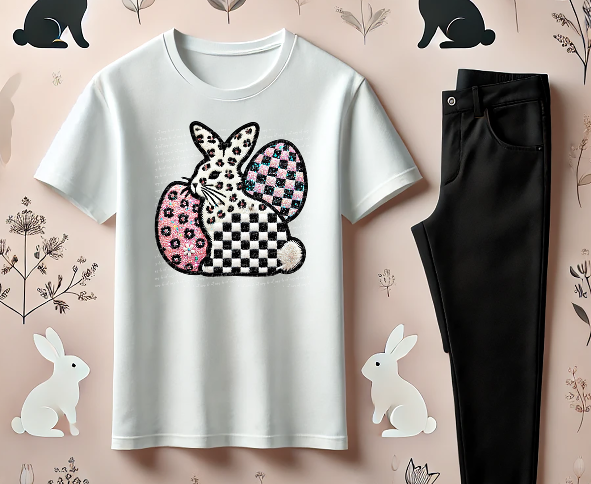 Bunny With Eggs Half Leopard Half Checkered 81974 DTF Transfer