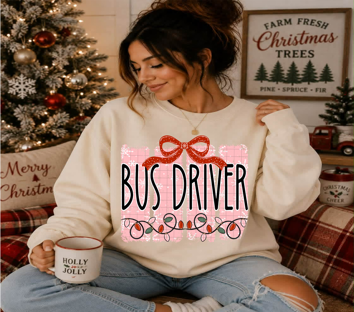 Bus driver pink Christmas frames with red bow (Linda) DTF Transfer