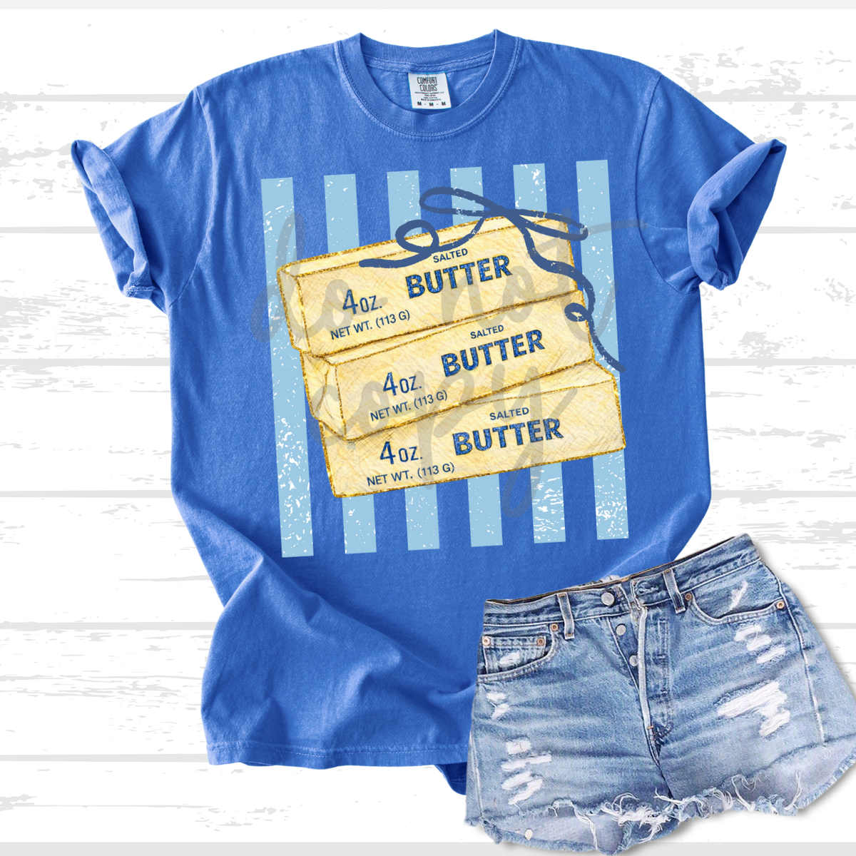 Butter stack blue strips with bow (Parker) DTF Transfer