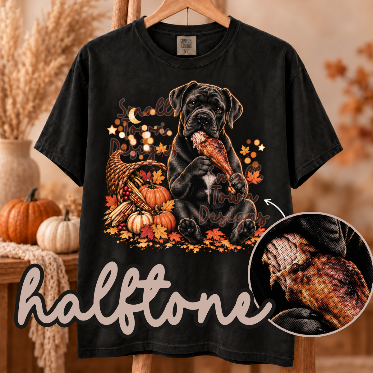 Halftone Cane Corso eating turkey leg (STD) DTF transfer