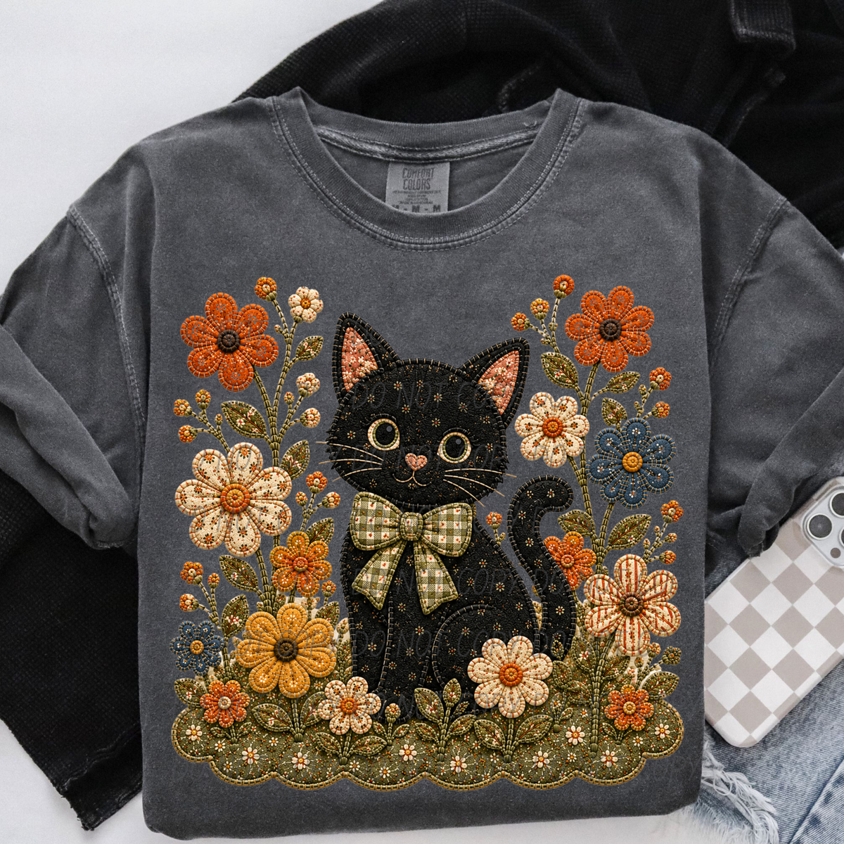 cat and flowers 2 faux embroidery (City) DTF Transfer