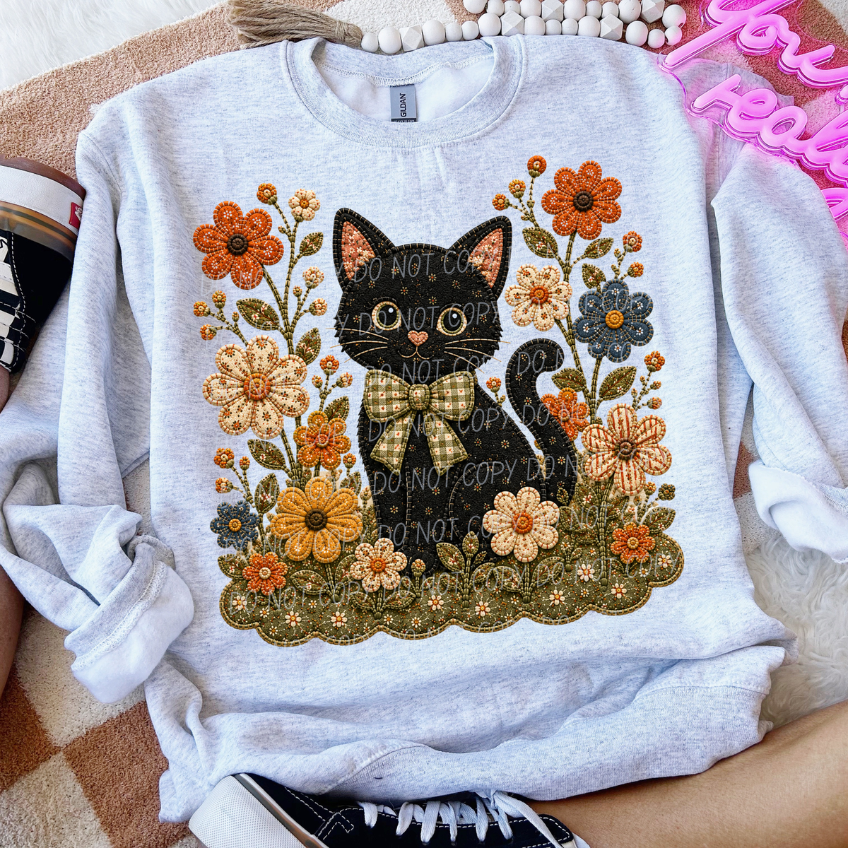 cat and flowers faux embroidery (City) DTF Transfer