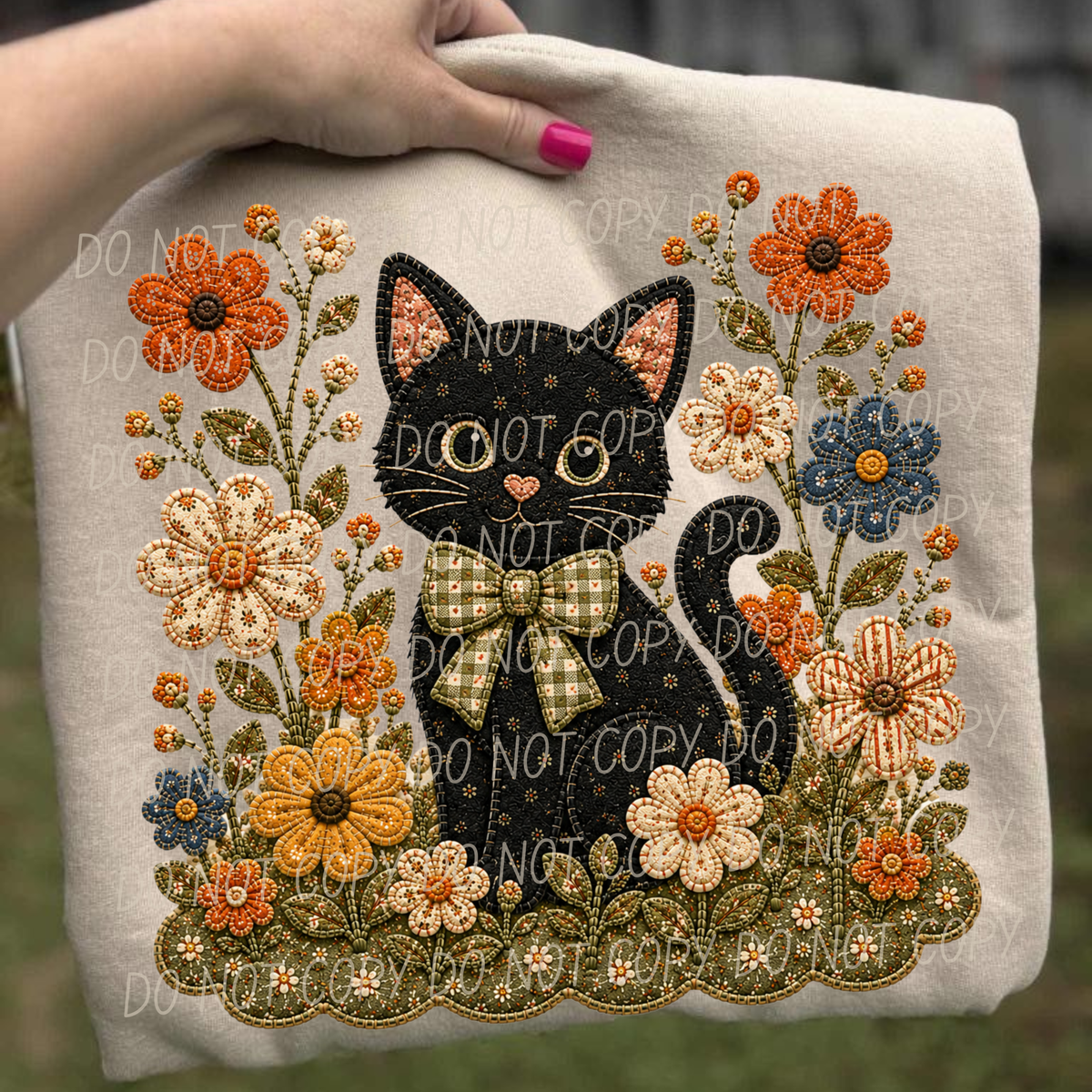 cat and flowers 3 faux embroidery (City) DTF Transfer