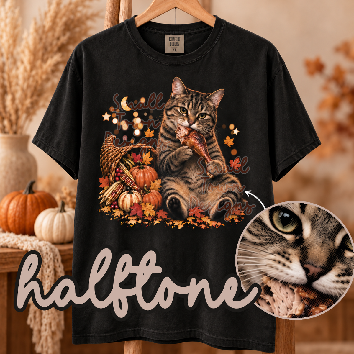 Halftone tabby cat eating turkey leg (STD) DTF transfer