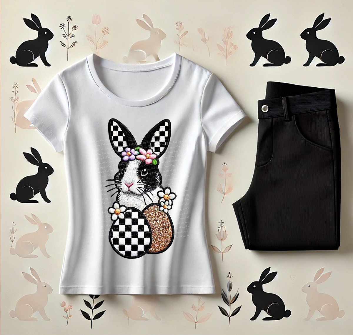 Checkered Bunny Ear And Eggs Faux Embroidery 81977 DTF Transfer