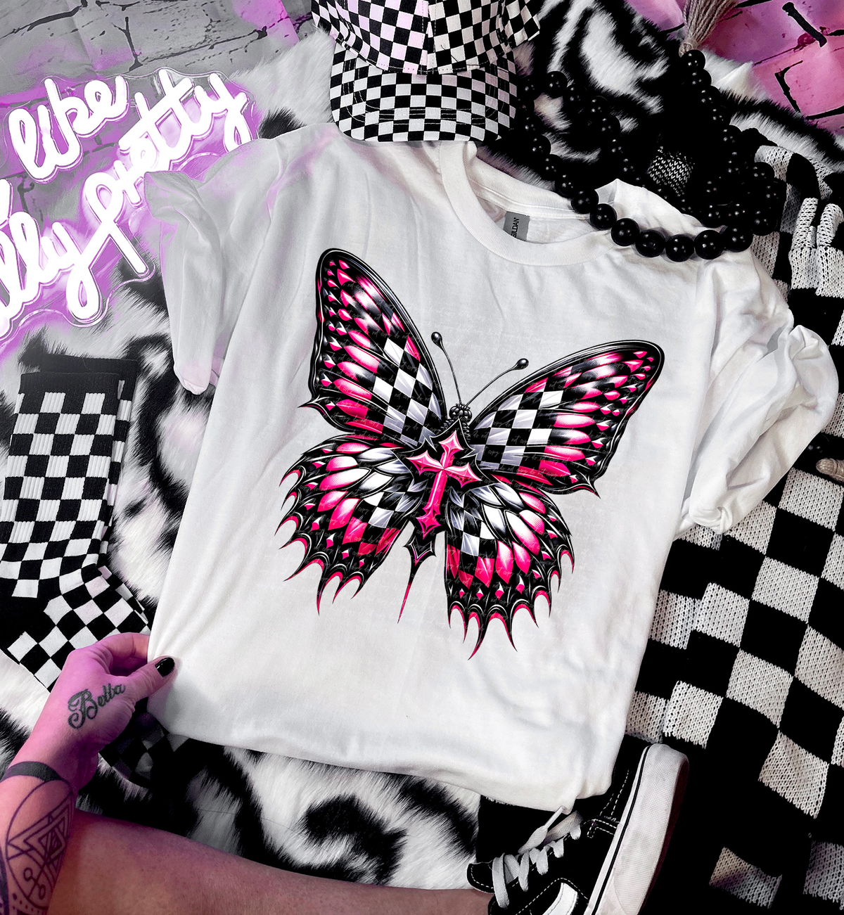 Checkered Butterfly With Cross 81979 DTF Transfer